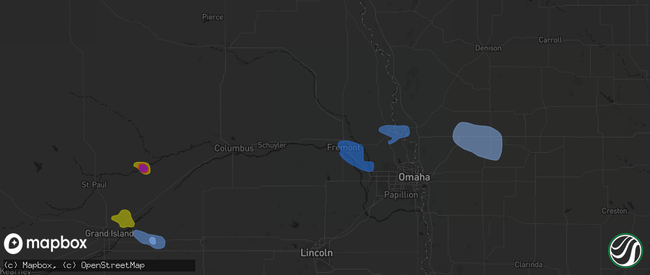 Hail map in Ames, NE on July 8, 2026