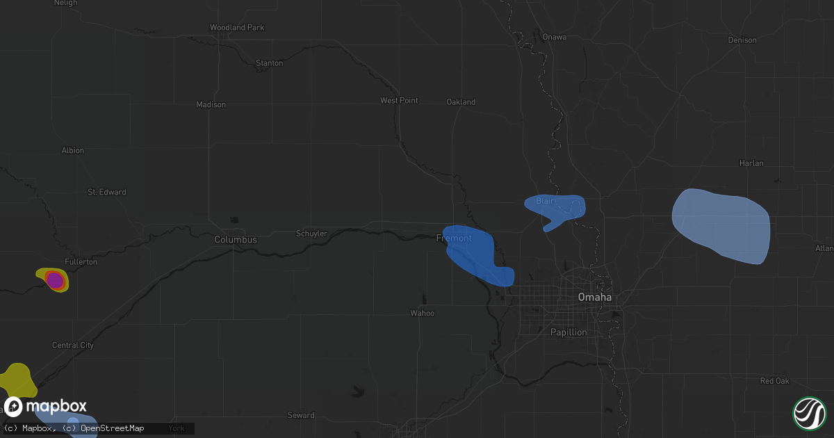 Hail map in Ames, NE on July 8, 2026