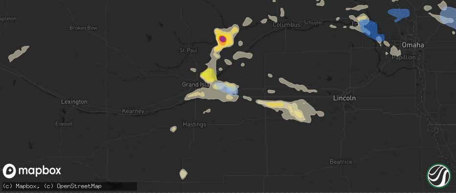 Hail map in Aurora, NE on July 8, 2026