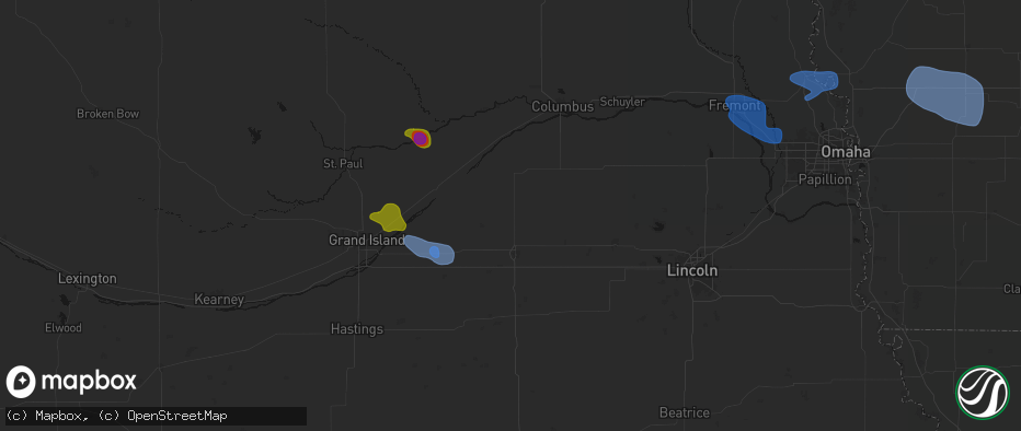 Hail map in Benedict, NE on July 8, 2026