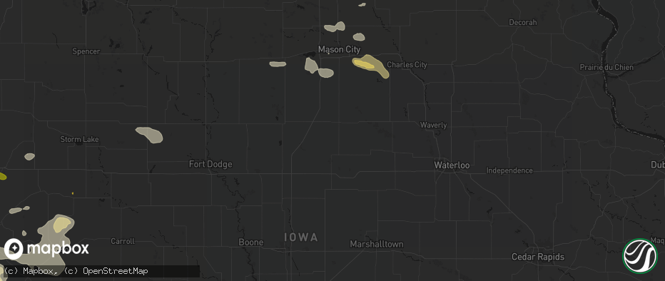 Hail map in Bradford, IA on July 8, 2026