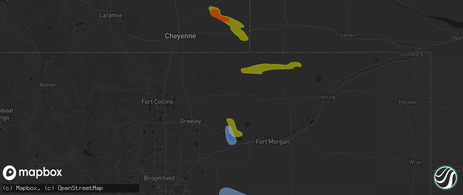 Hail map in Briggsdale, CO on July 8, 2026