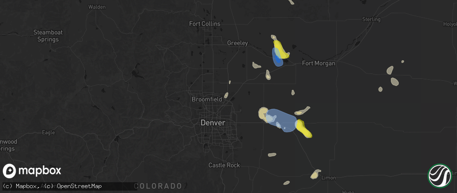 Hail map in Brighton, CO on July 8, 2026