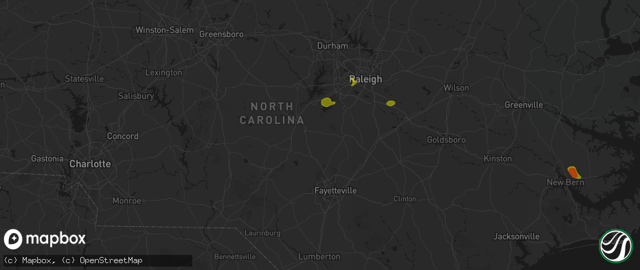 Hail map in Broadway, NC on July 8, 2026