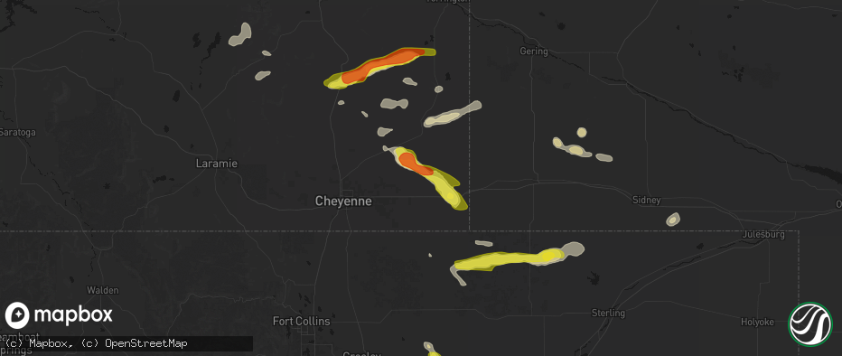 Hail map in Burns, WY on July 8, 2026