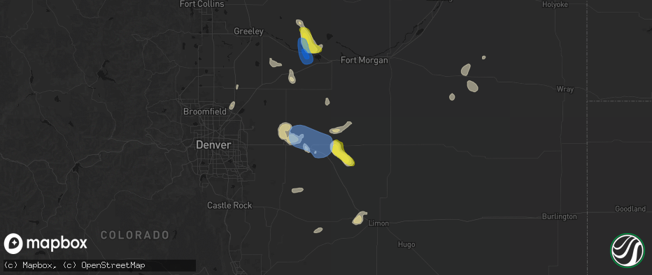 Hail map in Byers, CO on July 8, 2026