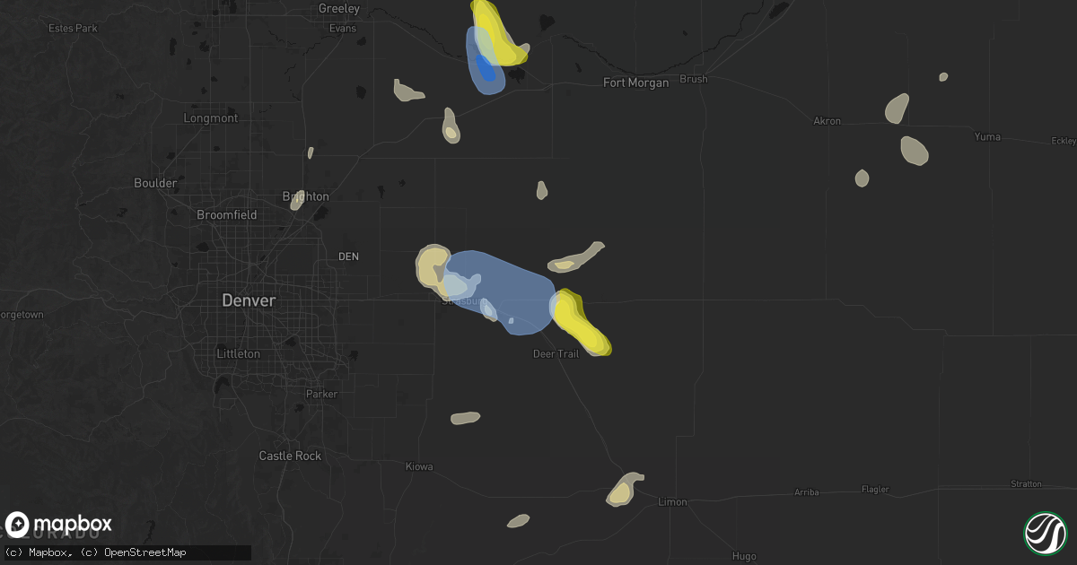 Hail map in Byers, CO on July 8, 2026