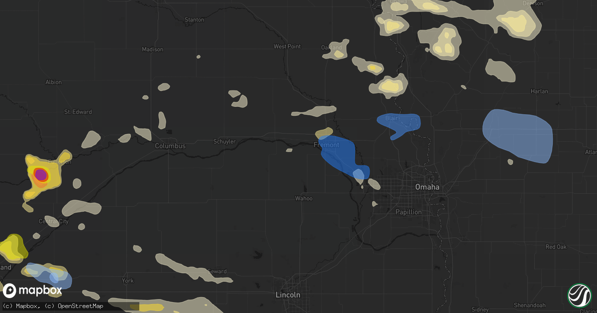 Hail map in Cedar Bluffs, NE on July 8, 2026