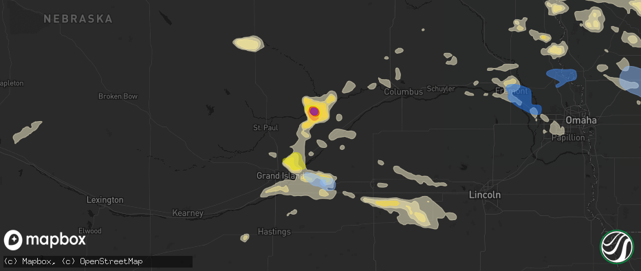 Hail map in Central City, NE on July 8, 2026