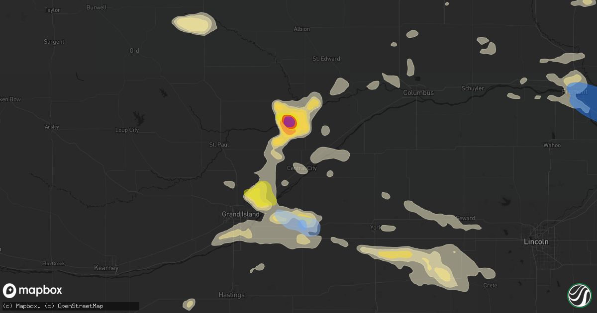 Hail map in Central City, NE on July 8, 2026