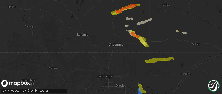 Hail map in Cheyenne, WY on July 8, 2026