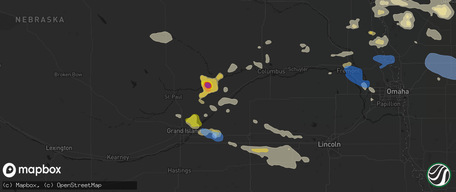 Hail map in Clarks, NE on July 8, 2026