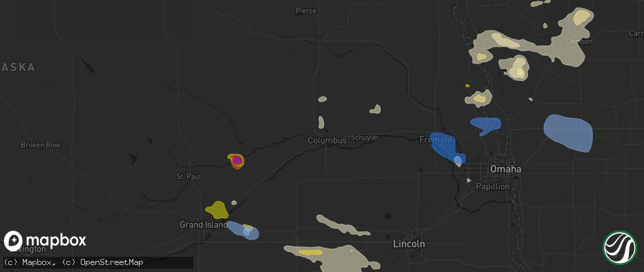 Hail map in Columbus, NE on July 8, 2026