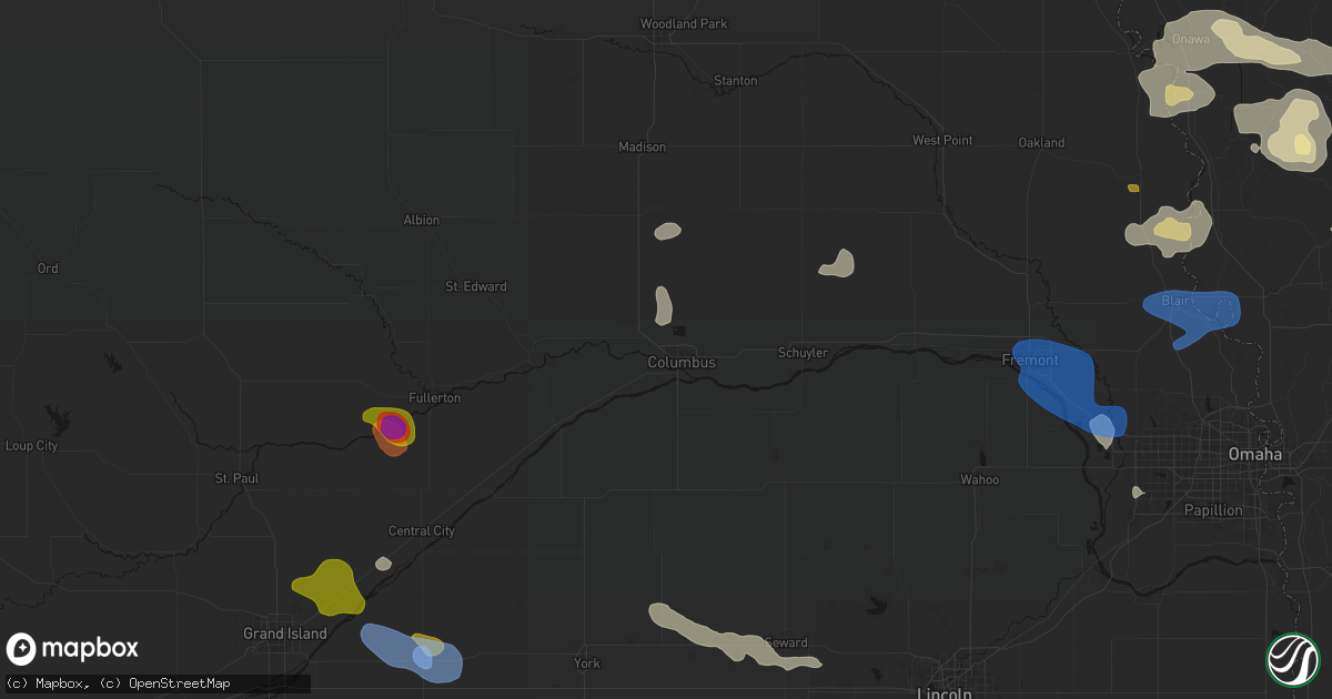 Hail map in Columbus, NE on July 8, 2026