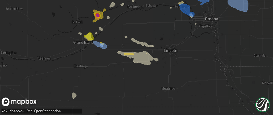 Hail map in Cordova, NE on July 8, 2026