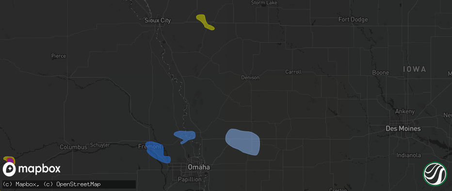 Hail map in Dunlap, IA on July 8, 2026