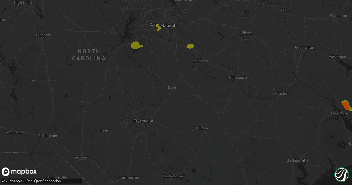 Hail map in Dunn, NC on July 8, 2026