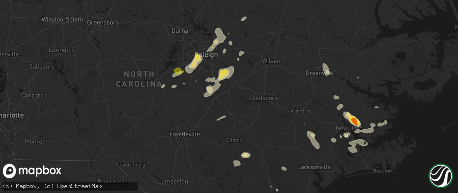 Hail map in Four Oaks, NC on July 8, 2026