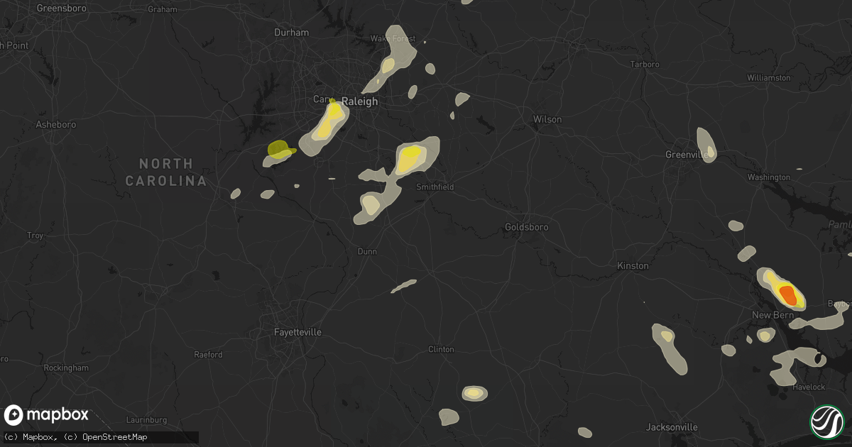 Hail map in Four Oaks, NC on July 8, 2026