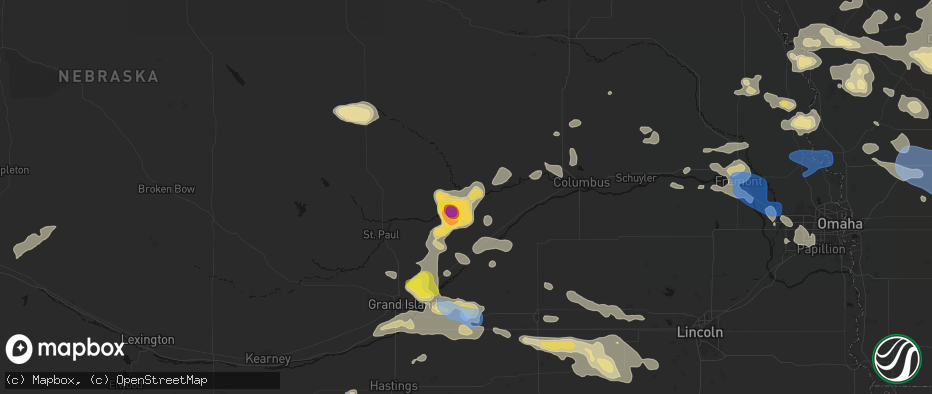 Hail map in Fullerton, NE on July 8, 2026