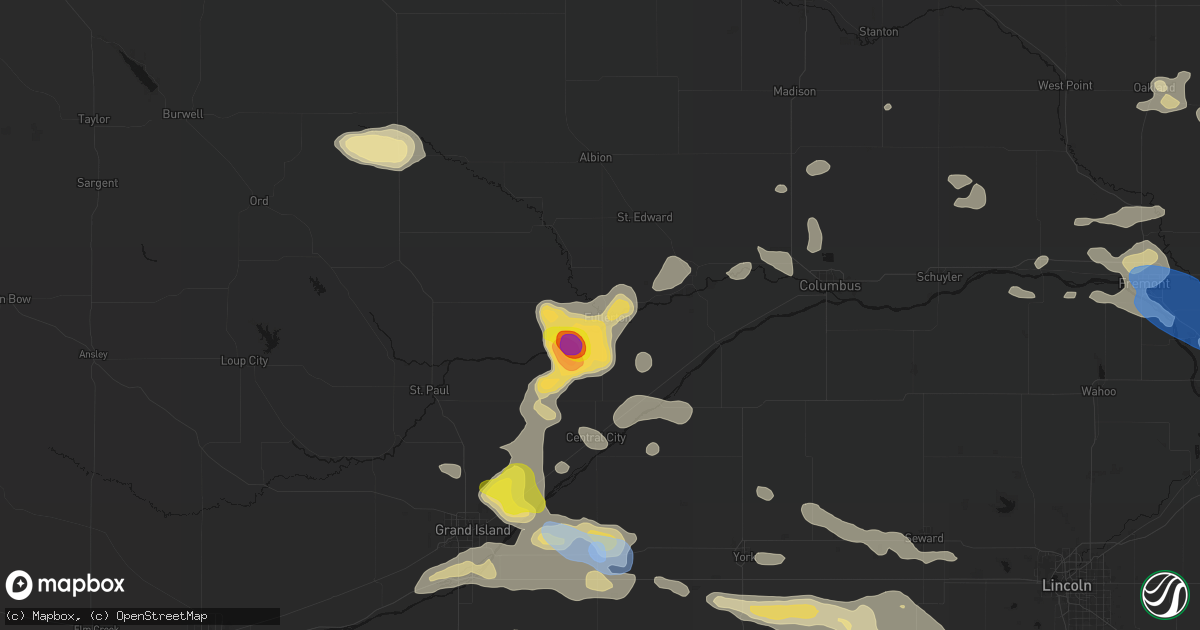Hail map in Fullerton, NE on July 8, 2026