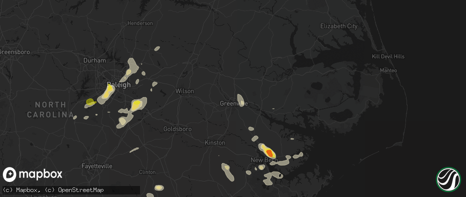 Hail map in Greenville, NC on July 8, 2026