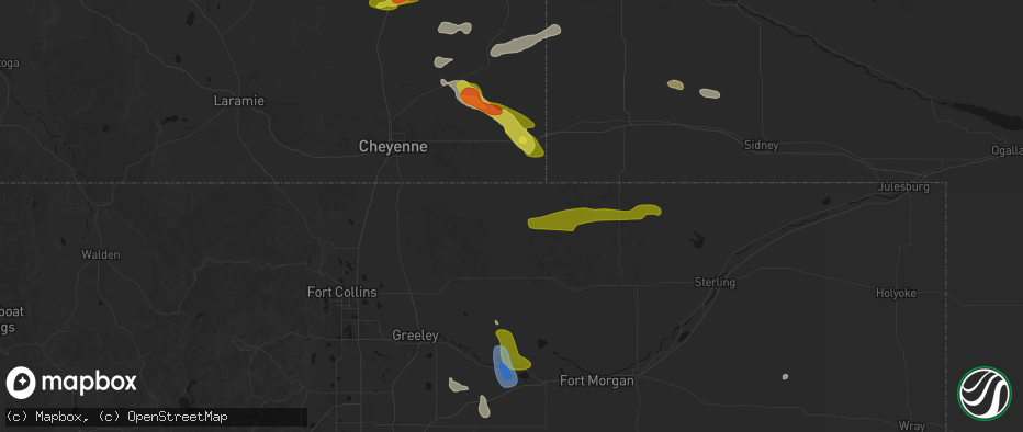 Hail map in Grover, CO on July 8, 2026