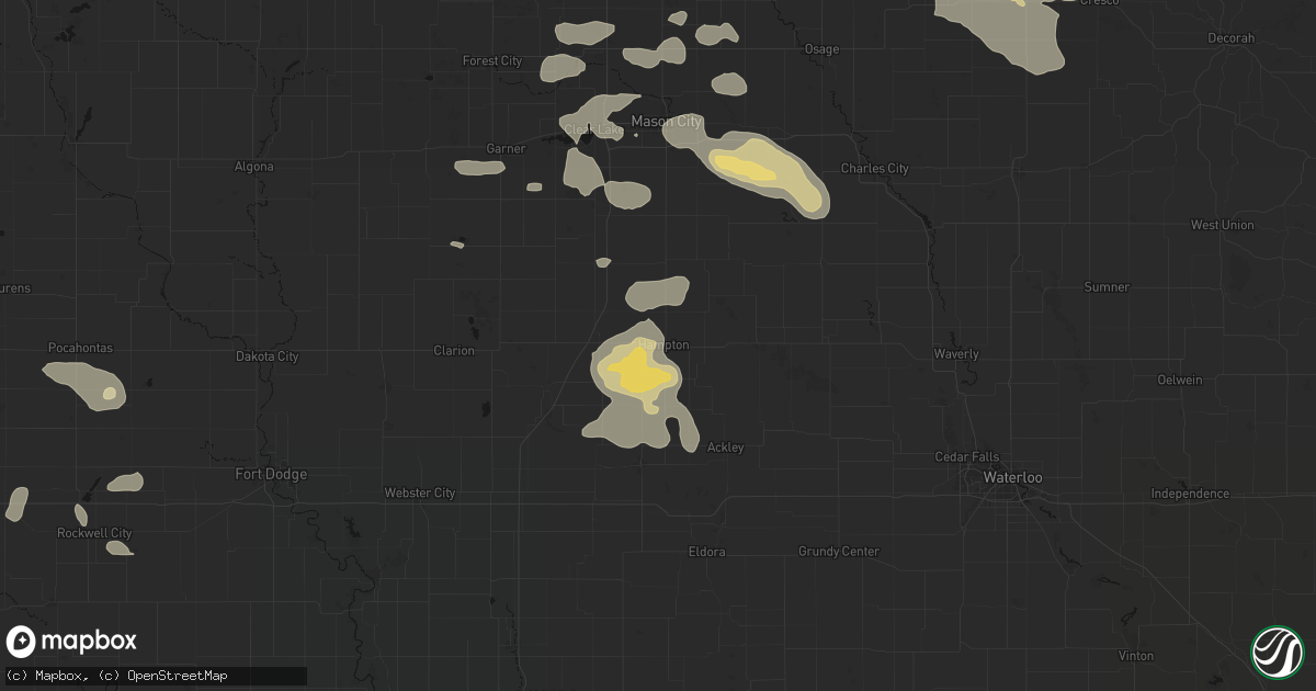 Hail map in Hampton, IA on July 8, 2026