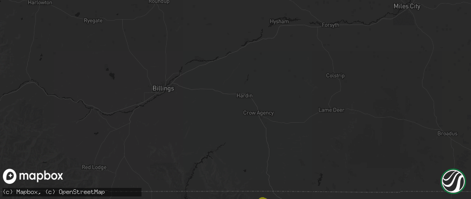 Hail map in Hardin, MT on July 8, 2026