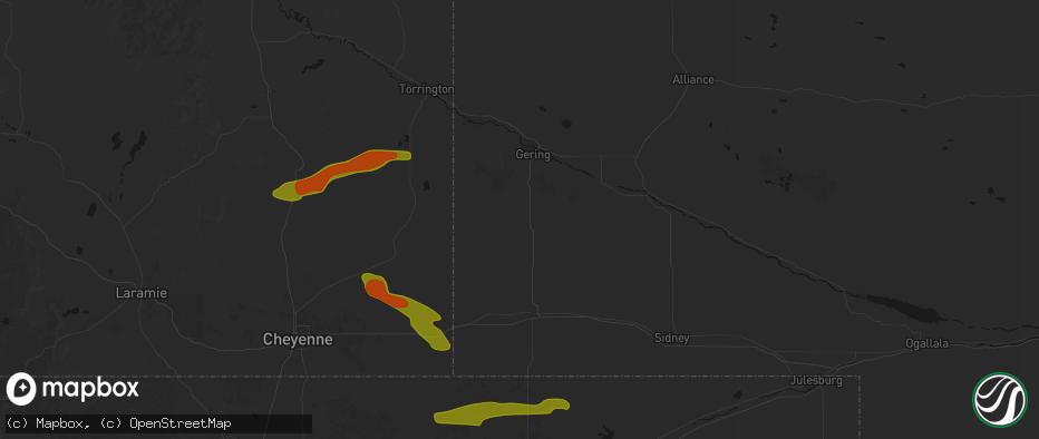 Hail map in Harrisburg, NE on July 8, 2026