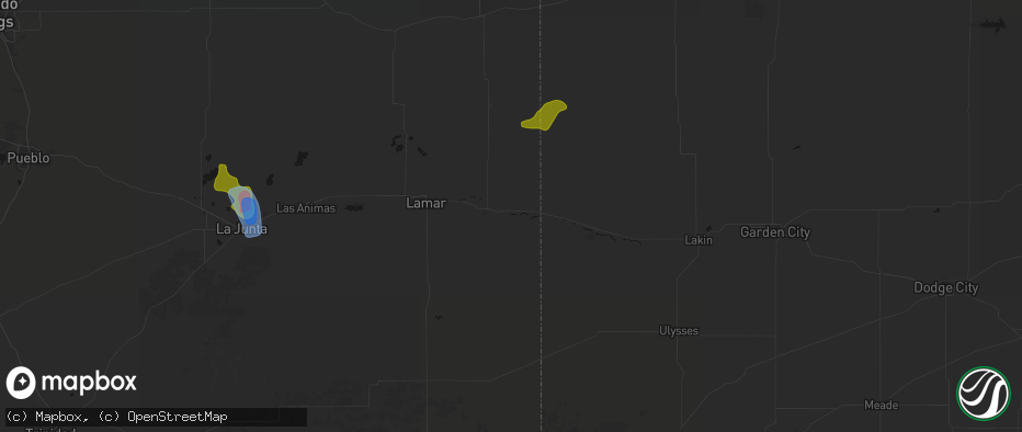 Hail map in Holly, CO on July 8, 2026