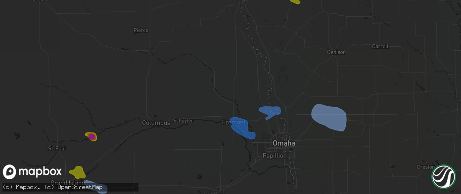 Hail map in Hooper, NE on July 8, 2026