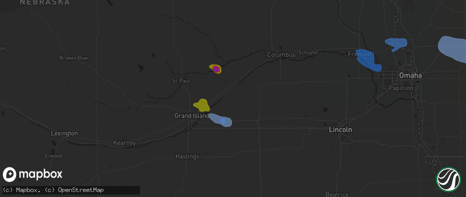 Hail map in Hordville, NE on July 8, 2026