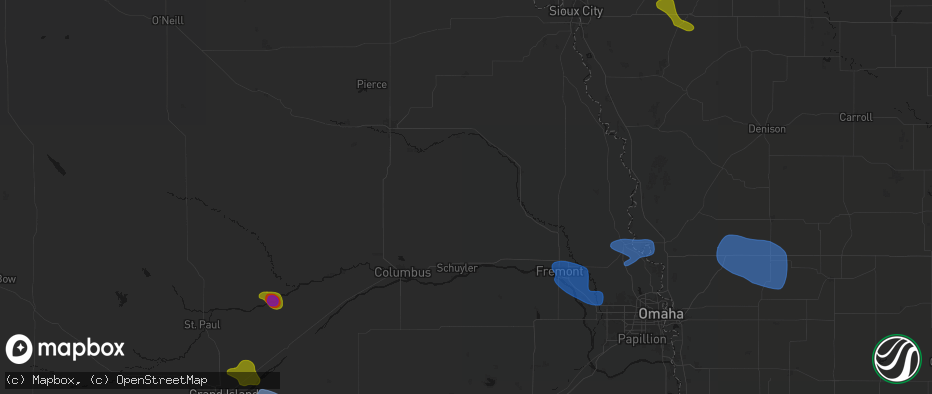 Hail map in Howells, NE on July 8, 2026