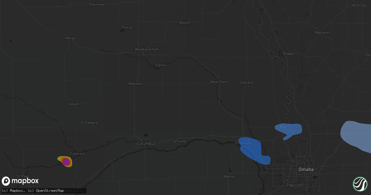 Hail map in Howells, NE on July 8, 2026