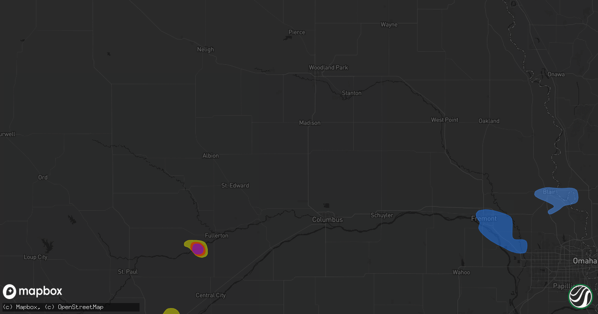 Hail map in Humphrey, NE on July 8, 2026