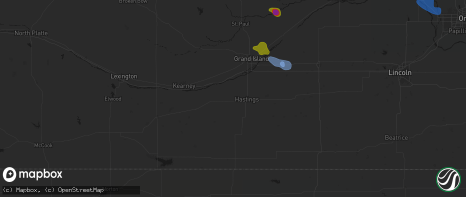 Hail map in Juniata, NE on July 8, 2026