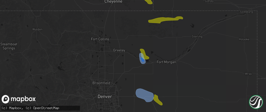 Hail map in Kersey, CO on July 8, 2026