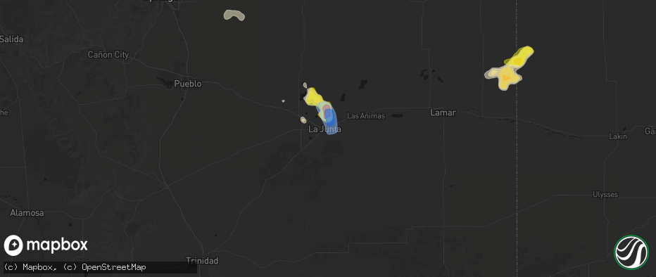 Hail map in La Junta, CO on July 8, 2026