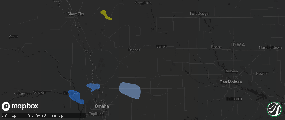 Hail map in Manilla, IA on July 8, 2026