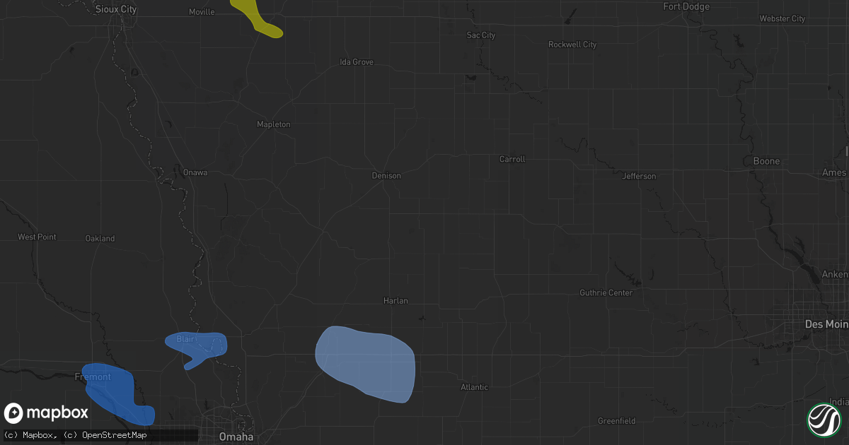 Hail map in Manilla, IA on July 8, 2026