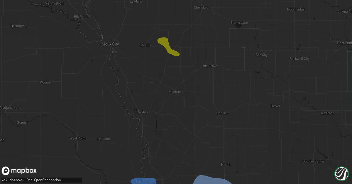 Hail map in Mapleton, IA on July 8, 2026