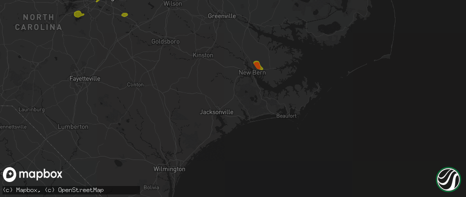 Hail map in Maysville, NC on July 8, 2026