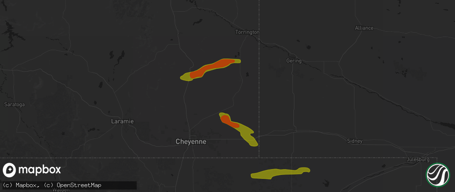 Hail map in Meriden, WY on July 8, 2026