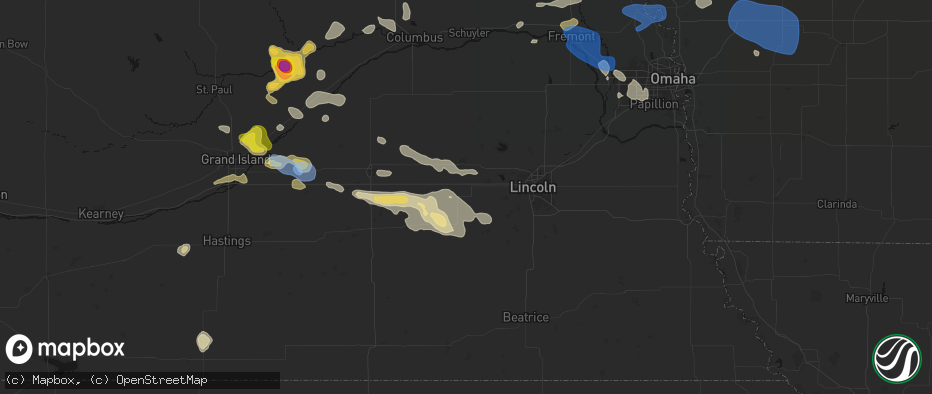 Hail map in Milford, NE on July 8, 2026