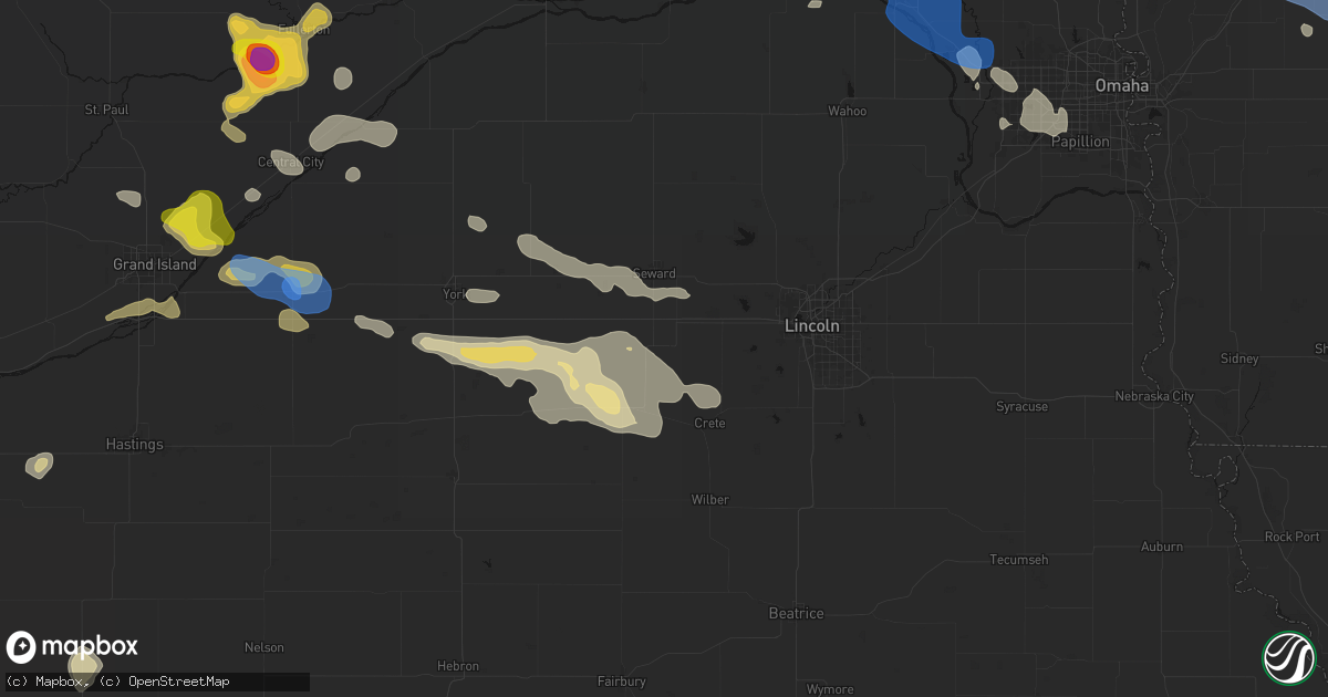 Hail map in Milford, NE on July 8, 2026