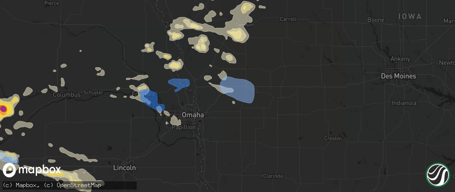 Hail map in Minden, IA on July 8, 2026
