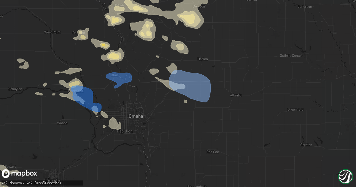 Hail map in Minden, IA on July 8, 2026