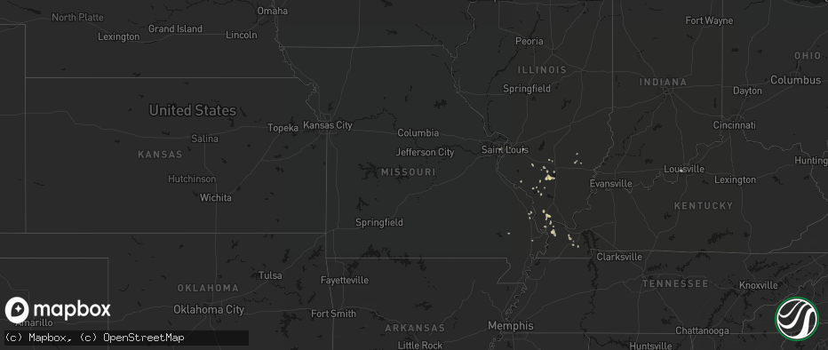 Hail map in Missouri on July 8, 2026