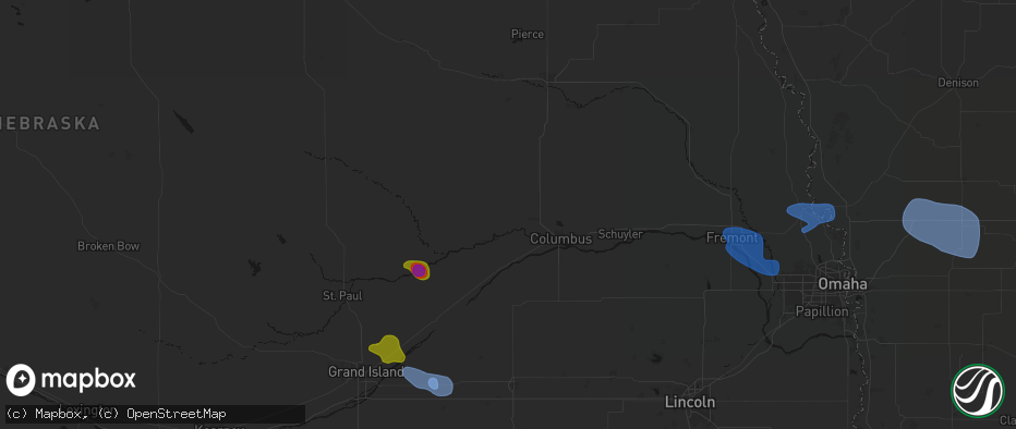 Hail map in Monroe, NE on July 8, 2026
